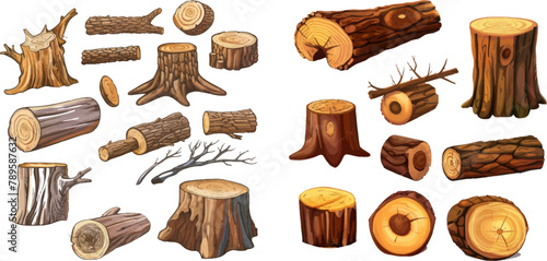 Firewood, tree stumps with rings, trunks, branches and twigs
