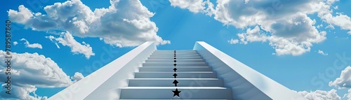 A staircase reaching towards the sky, each step labeled with milestones, visualizing the ascent towards ones aspirations and goals photo