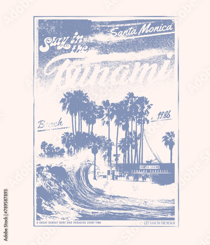 Tropical vintage palm tree with big waves, beach resort vibes, tsunami in Santa Monica beach, palm tree surf resort in America, vintage beach print. tee graphic design