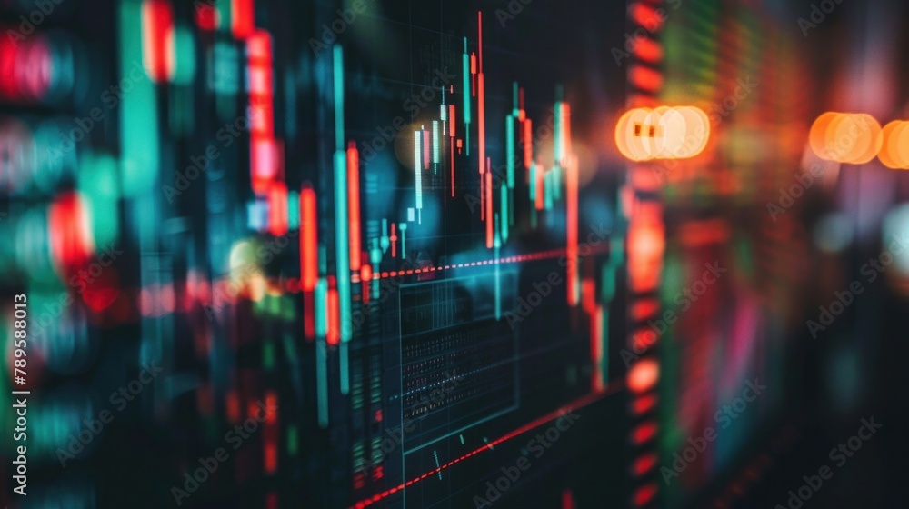 Stock market chart on LCD screen. Stock market and other finance themes. Big data on LED panel. Currency trading theme. Stock market concept and background. Professional market analysis - obrazy, fototapety, plakaty 