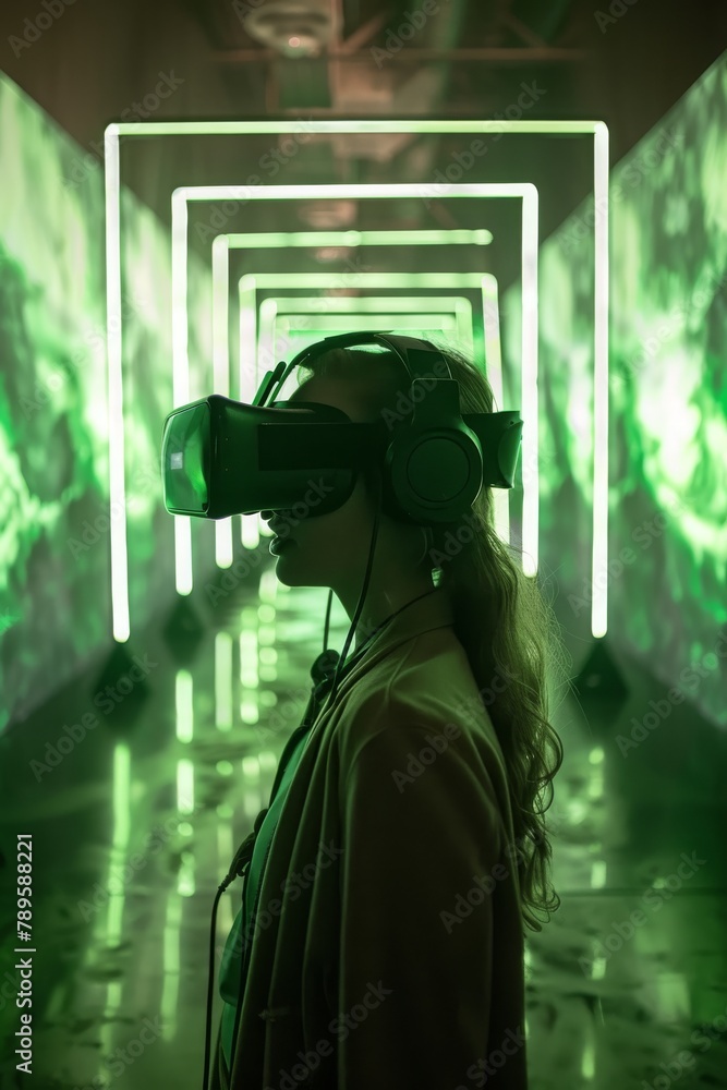A person ventures through a virtual reality experience, surrounded by green neon lights in a futuristic corridor. Person in VR headset exploring a neon-lit virtual corridor.