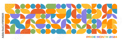 Pride month vintage banner template. LGBTQ community geometric background in simple bauhaus style. Human rights movement concept. Gay parade. Colorful mosaic design.