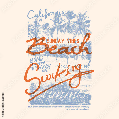 Vintage summer beach print design, vector palm tree with beach art, surfing summer beach California , enjoyed graphic beach design, tropical vintage t shirt surf