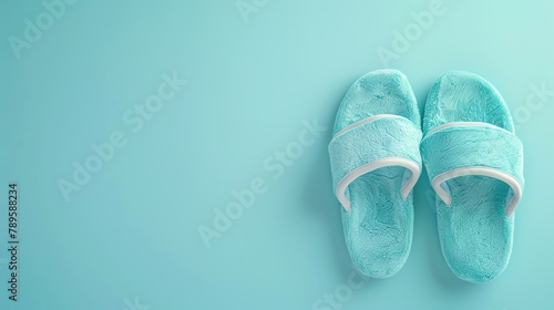 A pair of blue slippers isolated on a blue background. The slippers are soft and fluffy, and they look very comfortable.