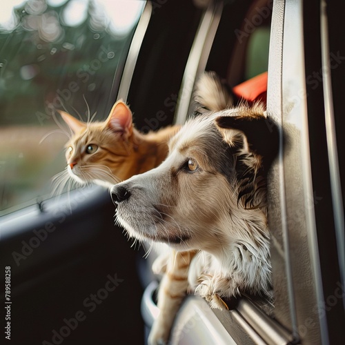 dog and cat looking out of the car window