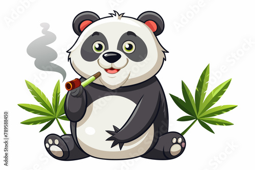 Craft a humorous cartoon illustration depicting a panda smoking a cannabis cigarette against a pristine white background.