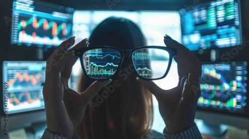 Touching the glasses. Woman working online in the office with multiple computer screens in index charts.