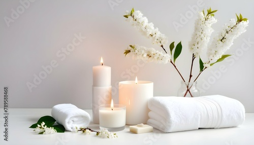 Beauty treatments concept. Home beauty essentials and home self care concept. Flowering branches of bird cherry on white baground. White candle, soap, cream, towels. Copy space. Flat lay.