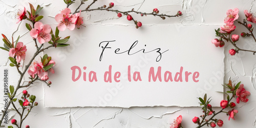Feliz Dia de la Madre, or Happy Mother's Day in Spanish, Greeting with Pink Blossoms on White photo