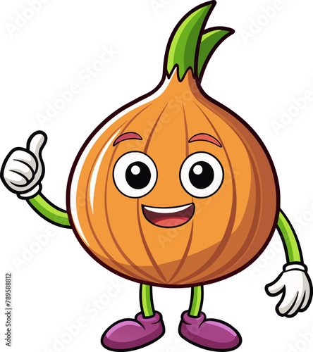 vector cartoon, character, and mascot of a bombay onion with thumbs up hand.