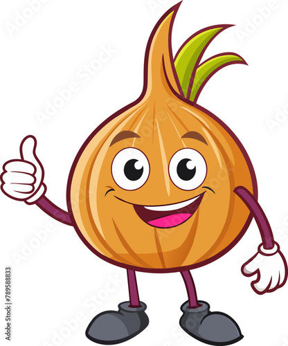 vector cartoon, character, and mascot of a bombay onion with thumbs up hand.
