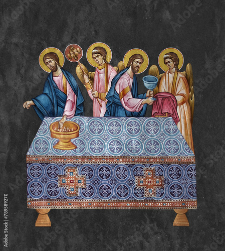 Christian traditional image of teh Holy Communion. Religious illustration on black stone wall background in Byzantine style photo