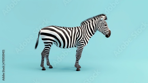 A beautiful zebra stands alone in the middle of a blue background.