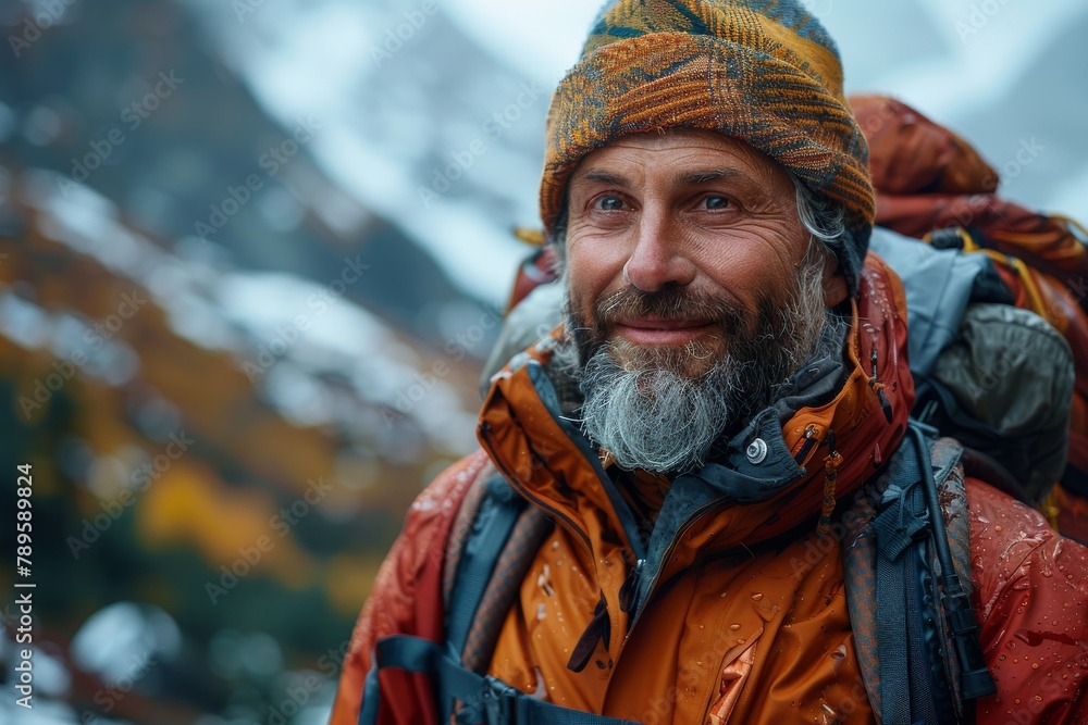 A smiling, bearded adventurer wearing an orange jacket amidst a snowy landscape