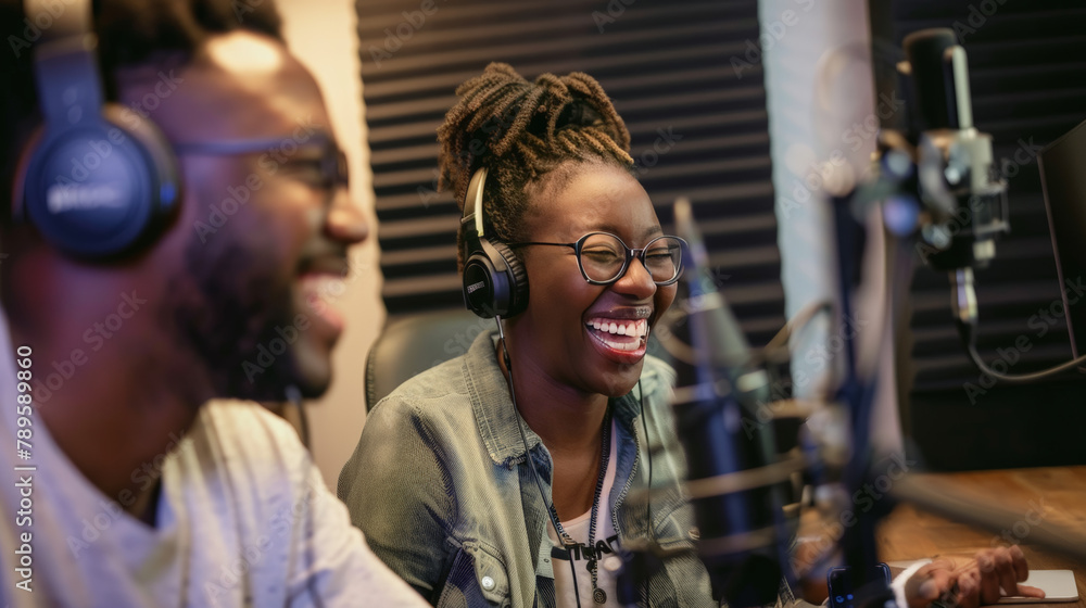 Fototapeta premium Two cheerful person with microphones engaged in a lively podcast recording in a professional studio setup. 