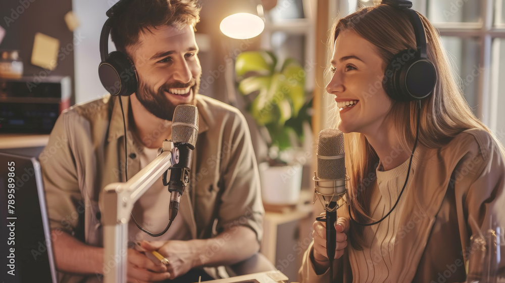 Two cheerful person with microphones engaged in a lively podcast recording in a professional studio setup.
Two cheerful person with microphones engaged in a lively podcast recording in a professional studio setup.
