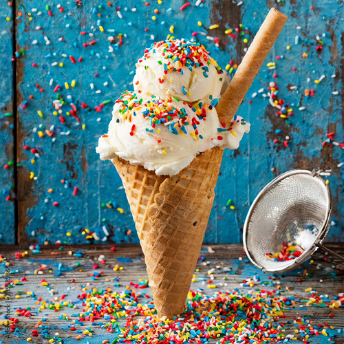 Ice Cream cone with rainbow sprinkles perched on a table photo