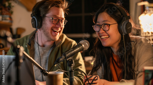 Two cheerful person with microphones engaged in a lively podcast recording in a professional studio setup. 