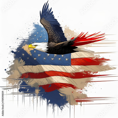 A Bald Eagle flying in front of an American Flag illustration