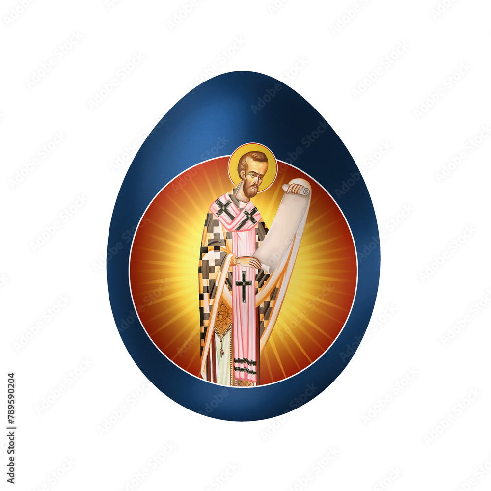 John Chrysostom. Easter blue egg in Byzantine style. Religious illustration isolated