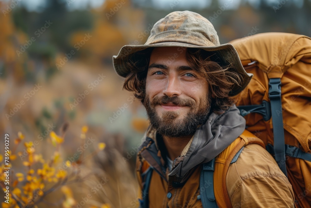 A man with a beanie and a beard smiles brightly as he hikes through an autumnal forest with a large backpack