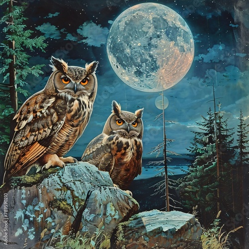 Classic Victorian wallpaper featuring wise owls in a moonlit ancient woodland
