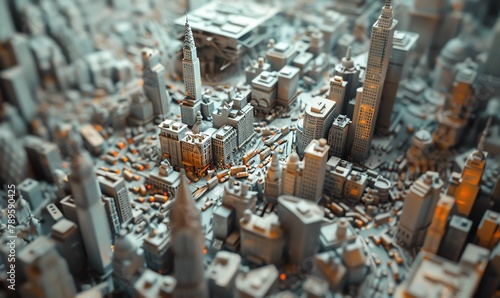 Illustrate the intricate details of a clay sculpture showing an aerial view Metropolitan Life during rush hour Include busy streets filled with miniature cars, tiny figures bustling about, and skyscra