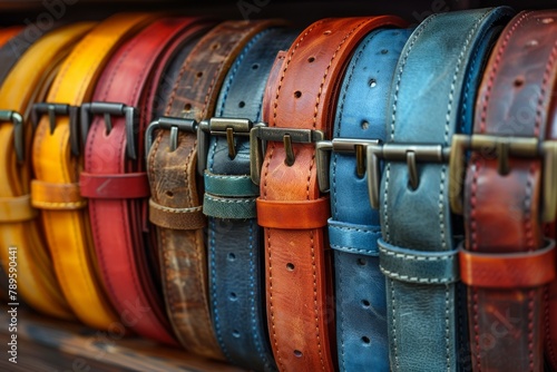 Rows of leather belts in a spectrum of colors and textures present a visual feast of accessory options