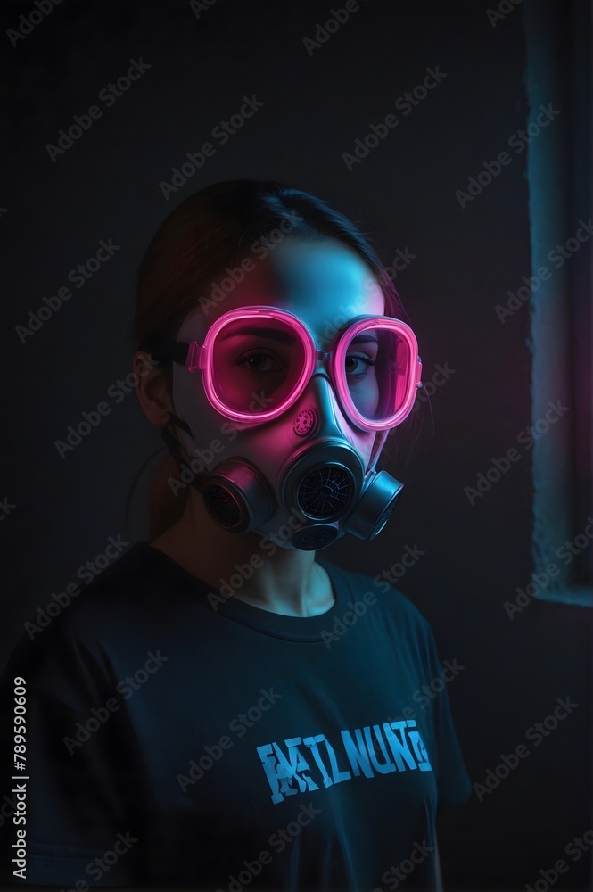 A girl with a gas mask. Cyberpunk Teenager Wearing Gas Mask in Abandoned City. A girl with a gas mask. Cyberpunk Teenager Wearing Gas Mask in Abandoned City.