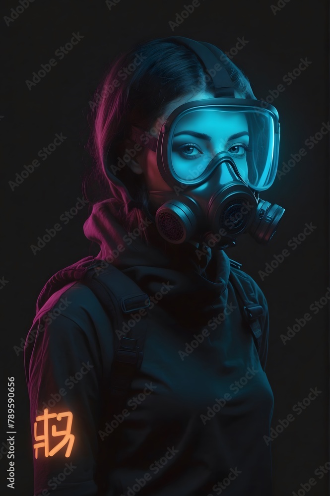 A girl with a gas mask. Cyberpunk Teenager Wearing Gas Mask in Abandoned City. A girl with a gas mask. Cyberpunk Teenager Wearing Gas Mask in Abandoned City.