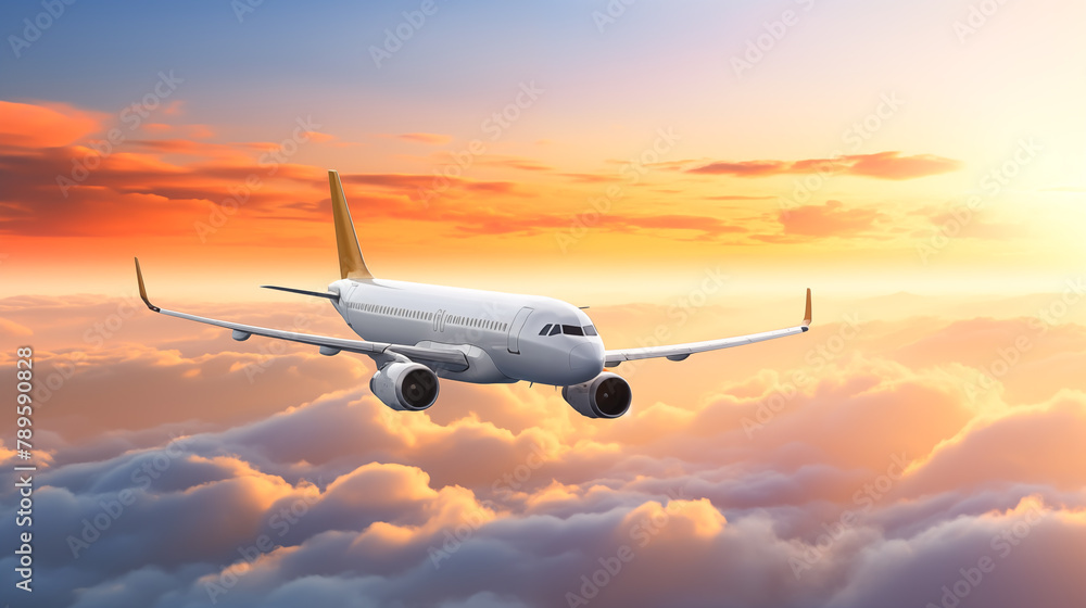 Passengers commercial airplane flying above clouds during sunset, White passenger airplane