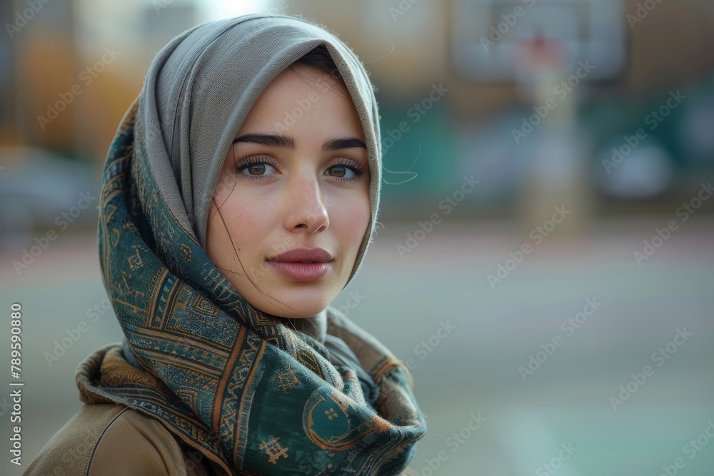Beautiful and serene portrait of a young woman wearing a traditional green hijab, with a soft and thoughtful expression Beautiful and serene portrait of a young woman wearing a traditional green hijab, with a soft and thoughtful expression