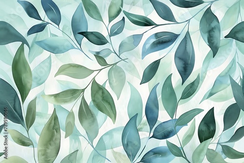 : Delicate watercolor brushstrokes in shades of green and blue create a natural, leafy pattern. © crescent