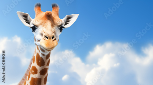 Funny giraffe above white clouds on the sky background © Anthichada