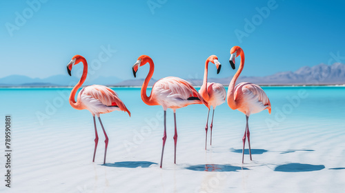 Flamingos on the beach, Flamingos walking around the blue lagoon on a sunny day