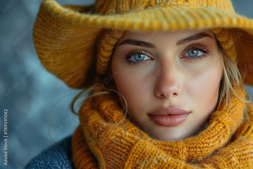 Elegant young woman in a knitted snood and wide-brimmed yellow hat on a cool day Elegant young woman in a knitted snood and wide-brimmed yellow hat on a cool day