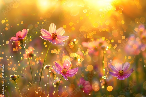 : Dew-kissed flowers glistening in the first rays of a vibrant sunrise. © crescent