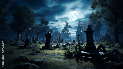 Spooky cemetery with graves at night with a full moon, Tombstone, dark, night