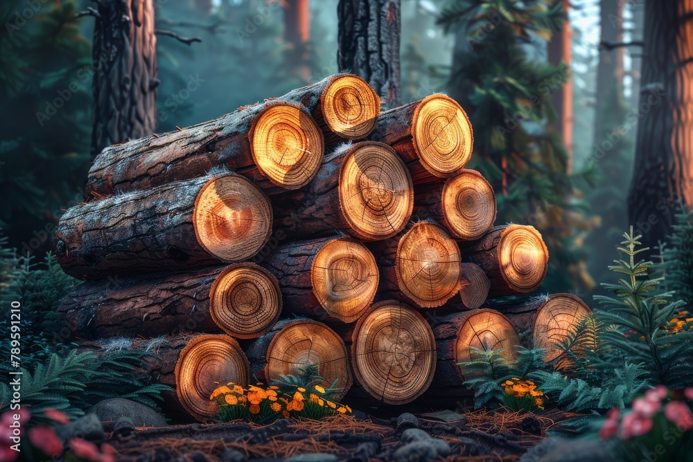 Artfully stacked pile of logs with a soft backdrop of a dense, misty forest in the dim light of dusk
