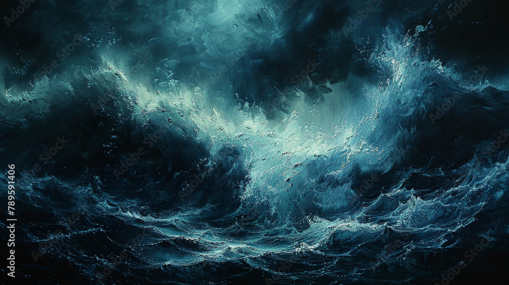 A painting of a stormy ocean with a large wave crashing. The mood of the painting is intense and powerful, with the water and sky blending together to create a sense of chaos and unpredictability