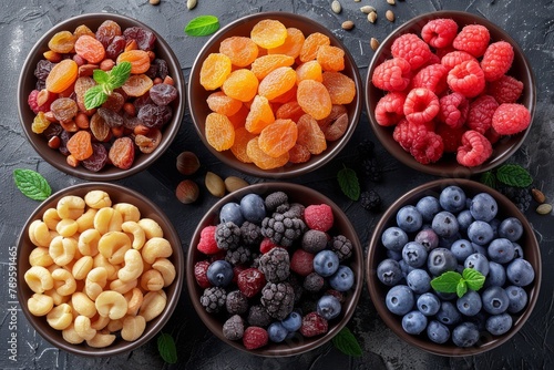 A variety of dried fruits including apricots, raspberries, and blueberries arranged neatly in bowls, showcased on a dark textured background