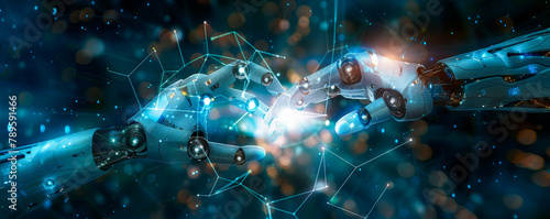 AI Machine Learning: Robot and Human Hands Connecting on Big Data Network - Science, Artificial Intelligence Technology, Innovation, Futuristic