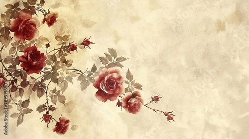 Fototapeta Naklejka Na Ścianę i Meble -  Classic wallpaper design with a thicket of brambles and wild roses