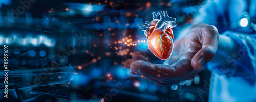 Cardiologist examining virtual heart interface for patient cardiovascular diagnosis - medical technology healthcare treatment heart disorder disease