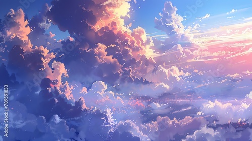 A beautiful painting of a sunset over a city. The colors are vibrant and the clouds are detailed. The image is peaceful and serene.