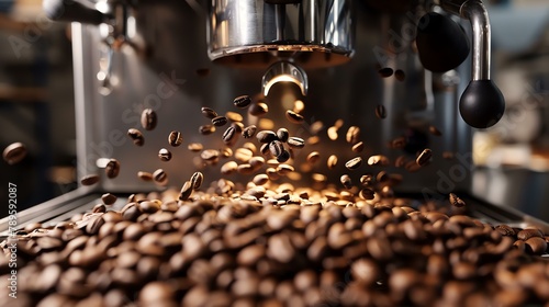 Freshly roasted coffee beans falling from a coffee grinder into a pile of coffee beans. photo