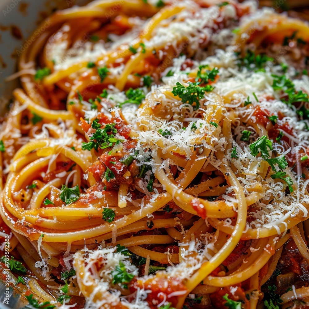 Spaghetti with Amatriciana sauce, grated cheese and greens. Traditional ... Spaghetti with Amatriciana sauce, grated cheese and greens. Traditional ...