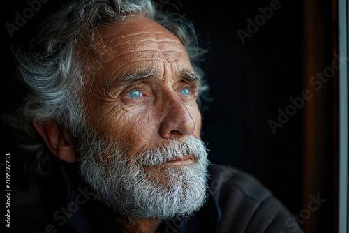 An elderly man with deep blue eyes gazes reflectively, his features conveying a lifetime of stories