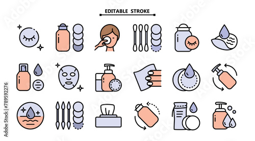 Facial make up removal color icons set. Editable stroke. Face, beauty, health, woman, healthy, mask, clean, girl, cleansing concept. Simple style vector illustration isolated on white background.