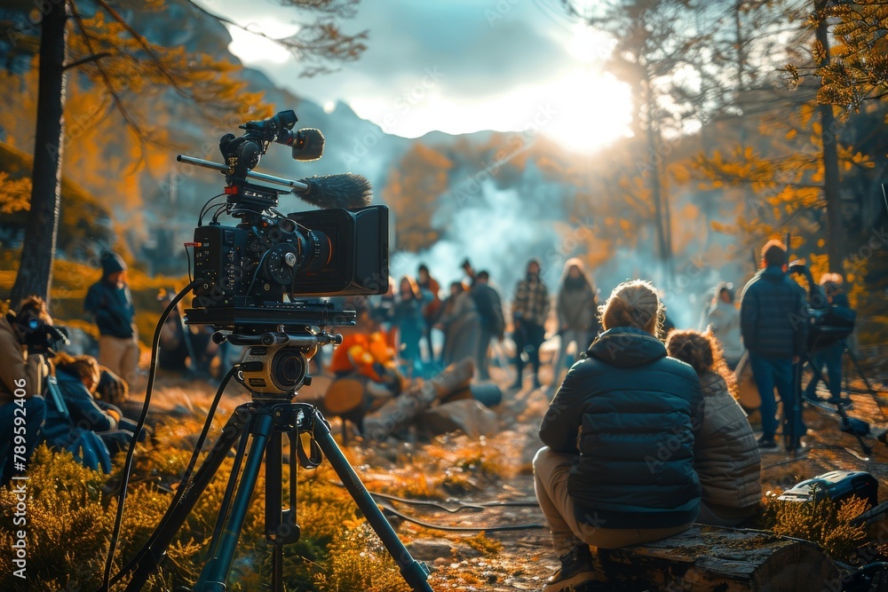 Fototapeta premium Professional camera on tripod recording a group of people in a forest with autumn colors, depicting outdoor filmmaking